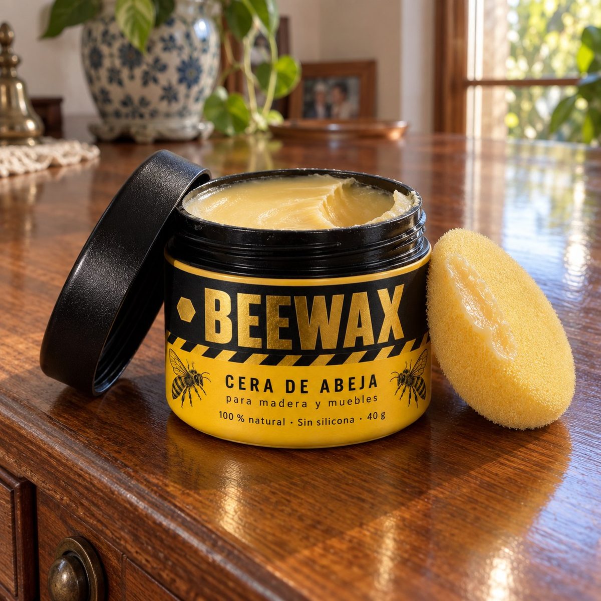 Tarro de cera de abeja Beewax abierto con su esponja