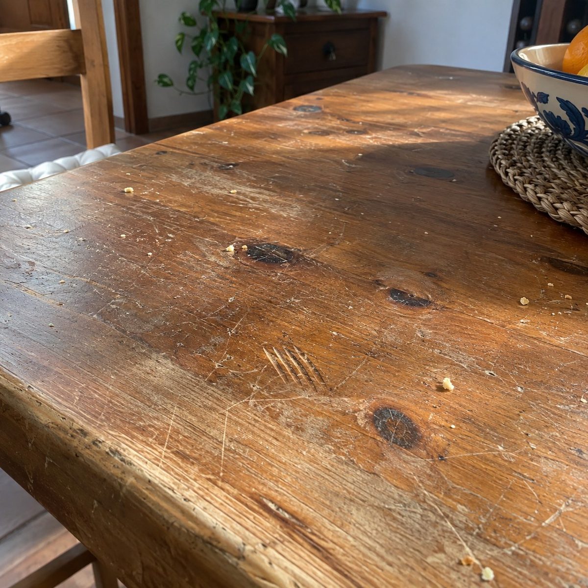 Mueble de madera apagado y con marcas de uso